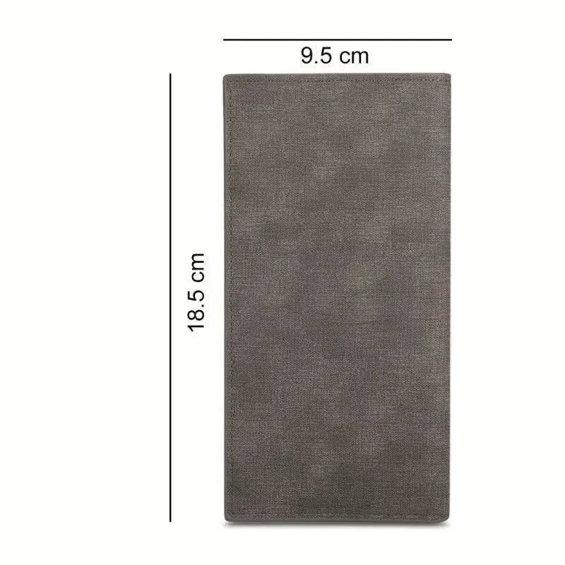 Carteira cinza personalizada vista de frente, com textura lisa e medidas de 9,5 cm por 18,5 cm.