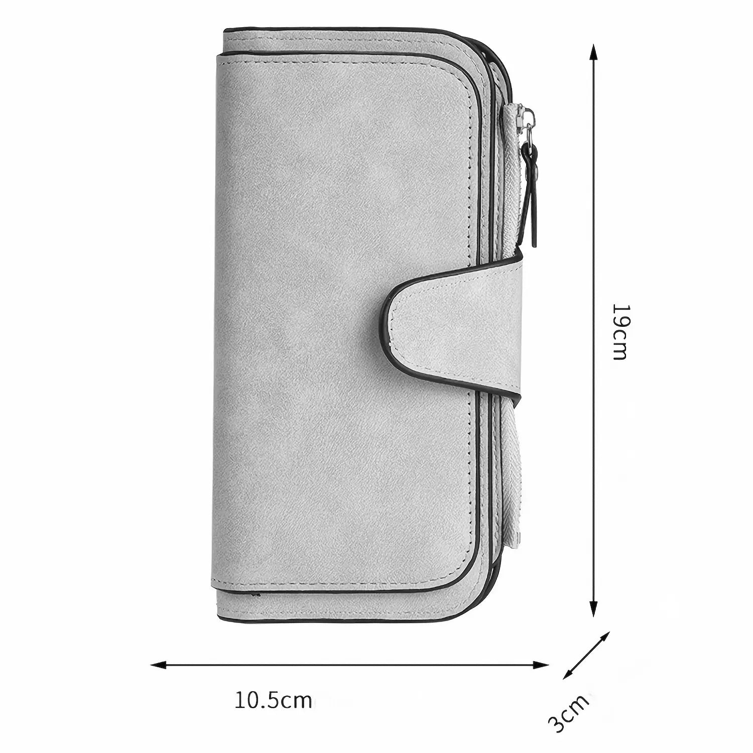 Carteira feminina de couro cinza em vista frontal, com medidas de 19 cm por 10,5 cm e 3 cm de espessura.