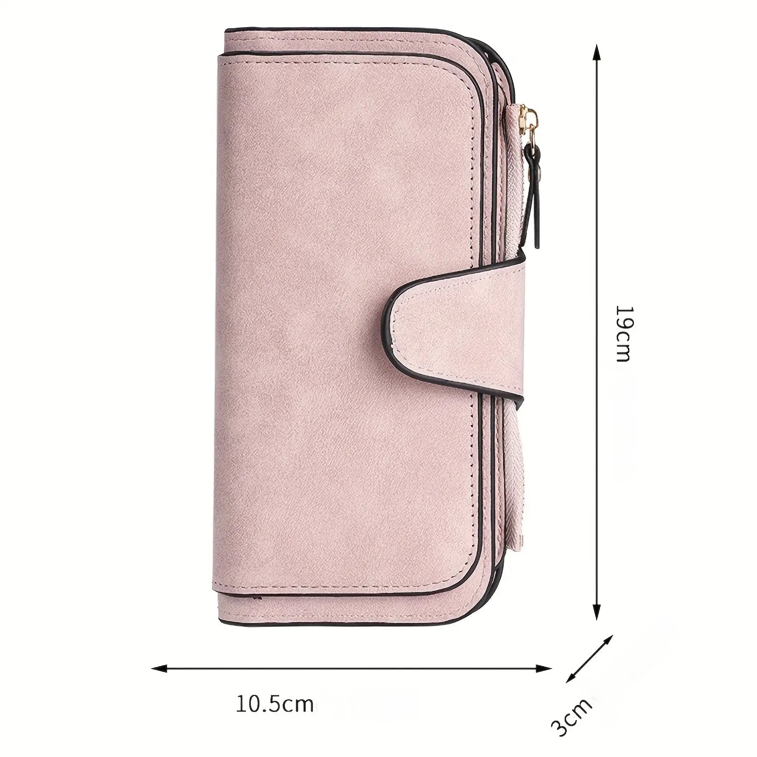 Carteira de couro feminina rosa em fundo branco com medidas indicadas de 19 cm de altura, 10,5 cm de largura e 3 cm de profundidade.