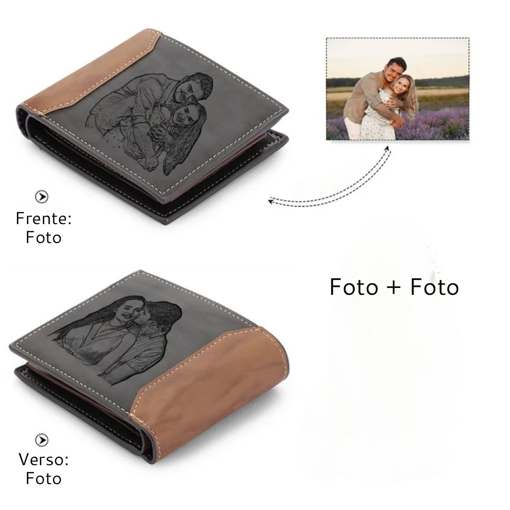 Carteira masculina de couro cinza personalizada com duas fotos de casal gravada uma na frente e a outro no verso da carteira, mostrando o produto fechado em fundo branco.