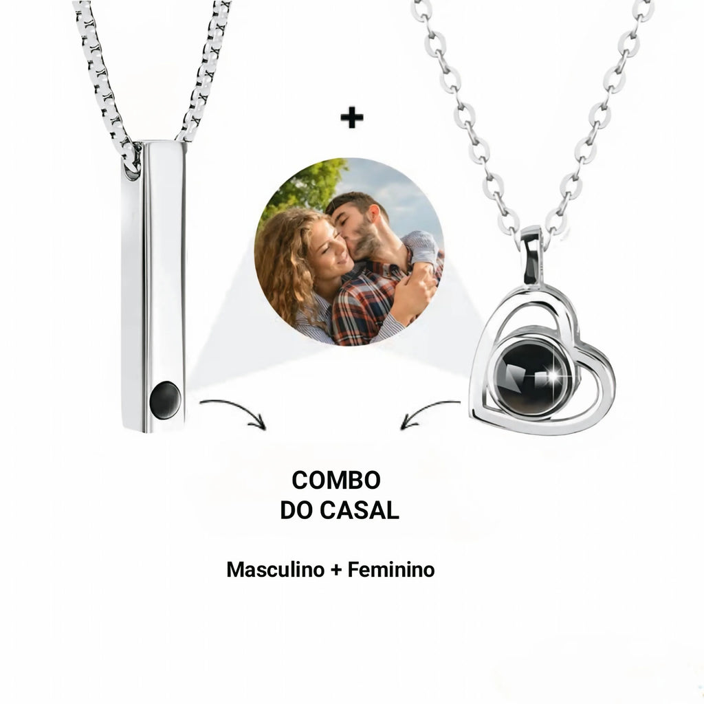 Combo de colares personalizados para casal, com pingente retangular masculino e pingente em formato de coração com foto feminina .