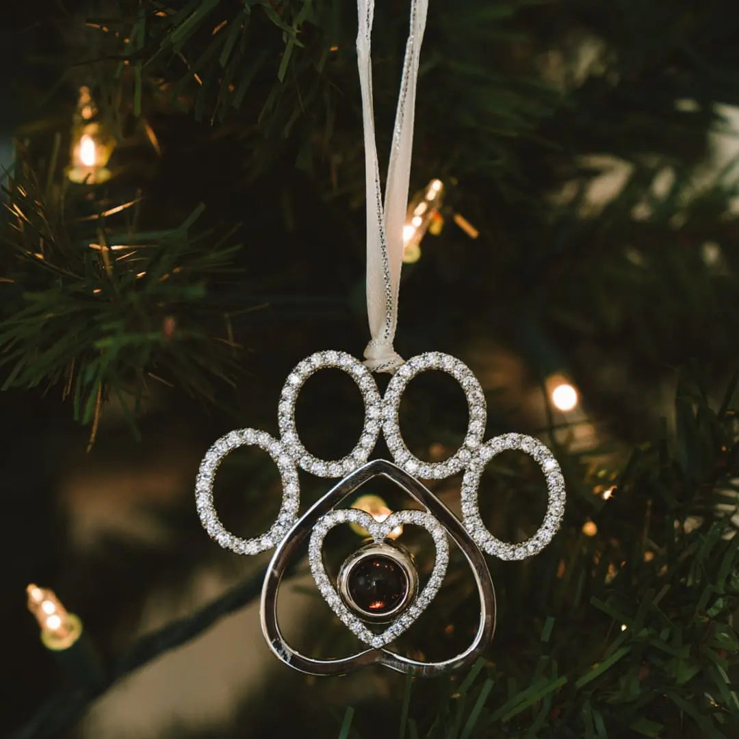 Enfeite de Natal em formato de pata de pet com espaço para foto, pendurado na árvore com brilho e luzes decorativas.
